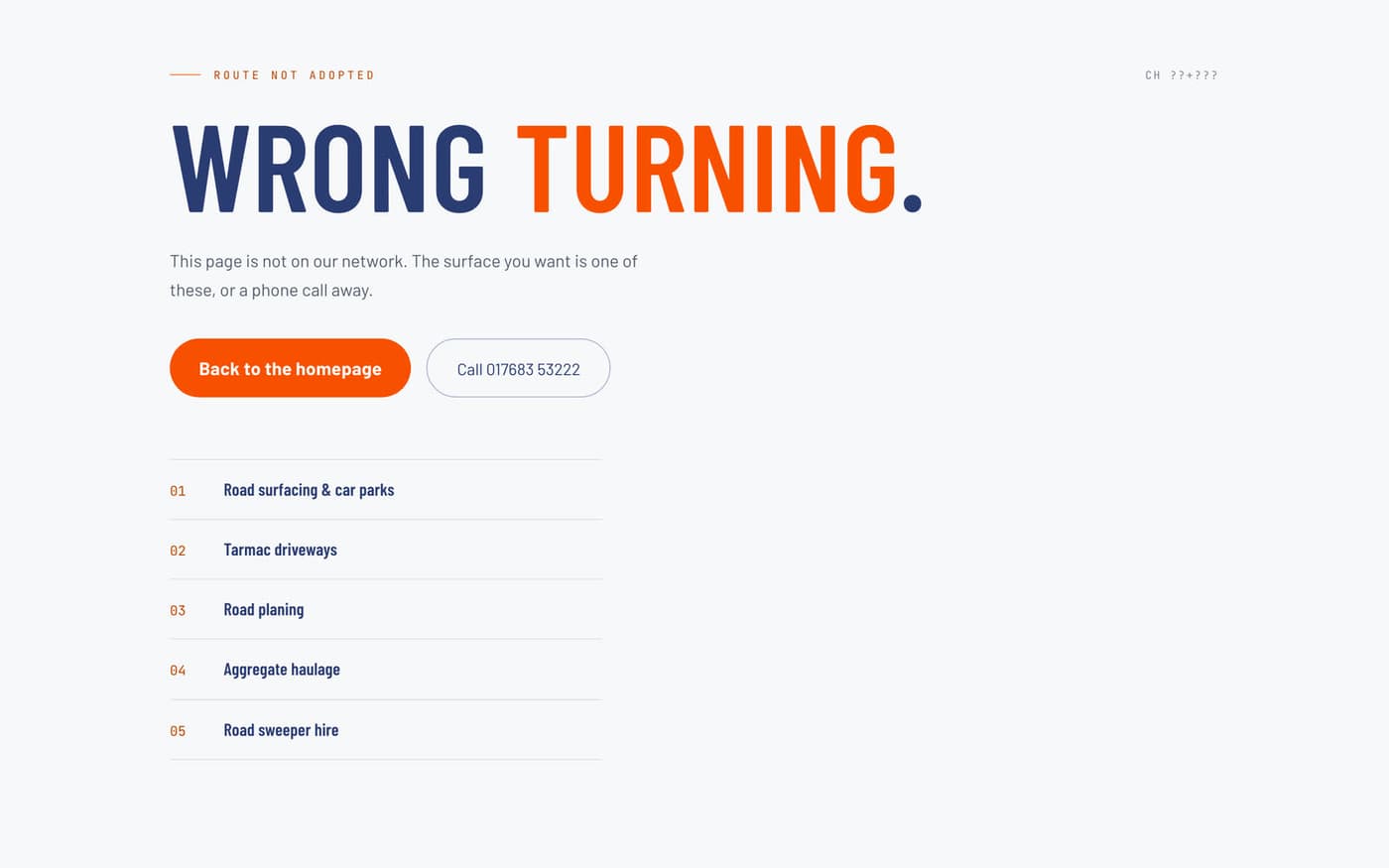 The Dinsdale Contracts 404 page, designed like the rest of the site, listing the five services and the phone number.