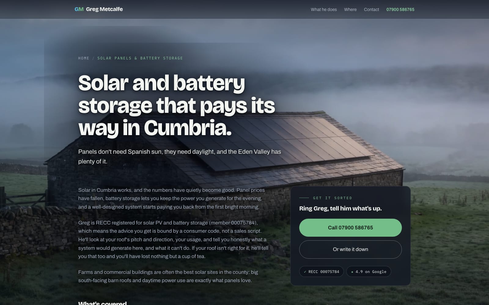 The solar panels and battery storage service page, with its own film and its own questions.